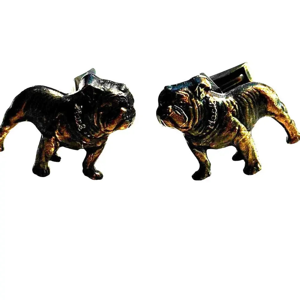 Vintage men's cufflinks Mack Truck brass bulldogs bronze goldtone etched metal